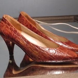 Vintage AMALFI Brown Leather "Croc" Textured MONICA Heels Womens 6.5B Italy-B124